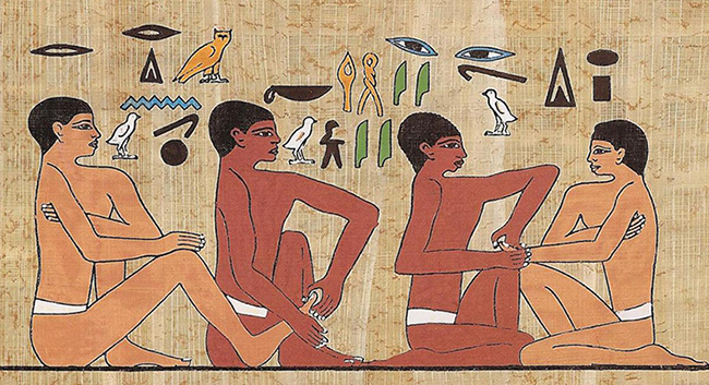 Fresque Egyptienne hieroglyphe reflexologie plantaire et palmaire